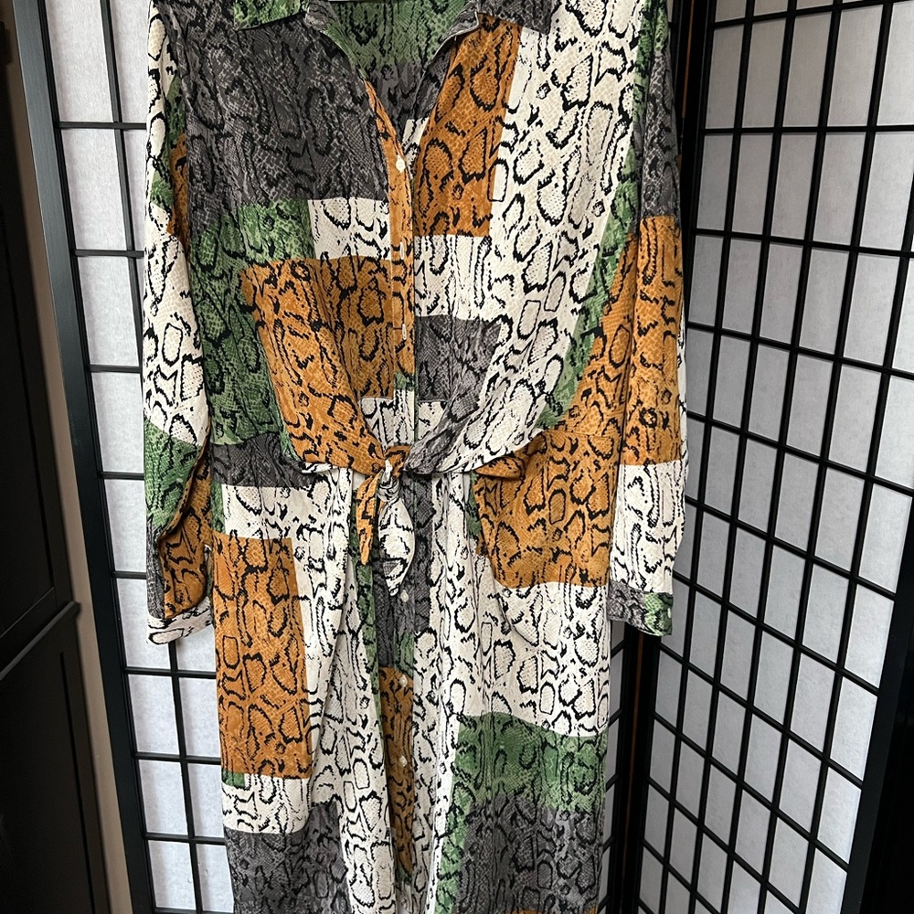 Nine West Long Sleeve Patchwork Dress - Green, Orange, Black, White